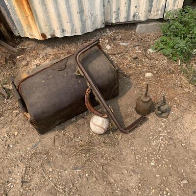 #19 Vintage Oil Can, Tool Bag Full of Horse Billet Straps (?)