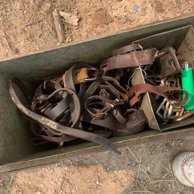 #20 Army Green Metal Box Full of Belts/Straps