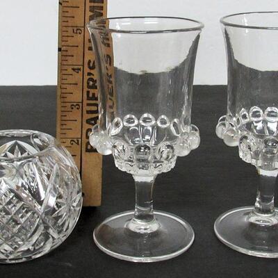Vintage Pattern Glass, 2 Goblets, Atlas Pattern, and a Small Rose Bowl, Pattern Unknown