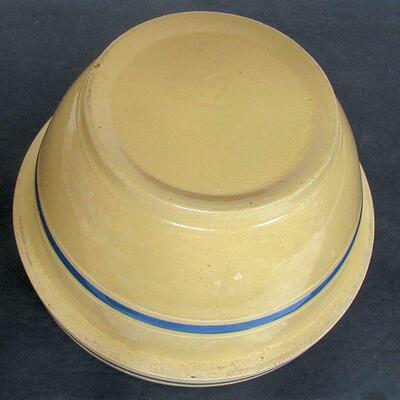 Nice Blue and White Banded Yellow Ware Mixing Bowl #9