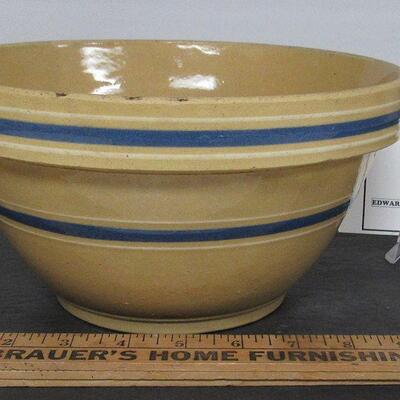 Nice Blue and White Banded Yellow Ware Mixing Bowl #9
