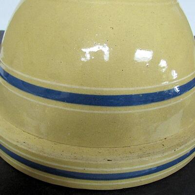 Nice Blue and White Banded Yellow Ware Mixing Bowl #9