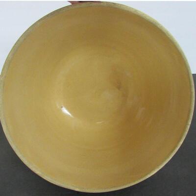 Huge 14" Brown Banded Yellow Ware Dough Bowl, With Fancy Pattern