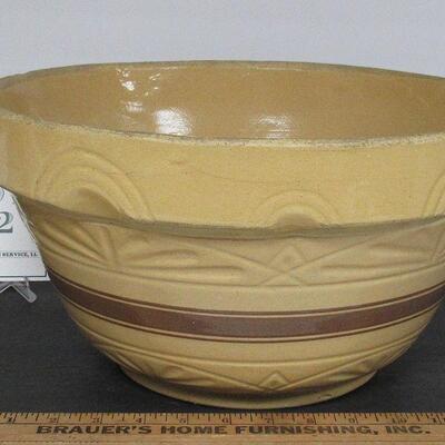 Huge 14" Brown Banded Yellow Ware Dough Bowl, With Fancy Pattern