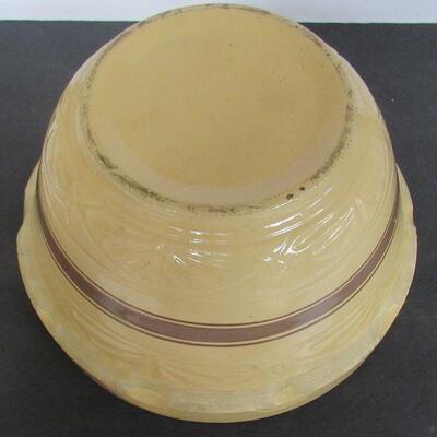 Huge 14" Brown Banded Yellow Ware Dough Bowl, With Fancy Pattern