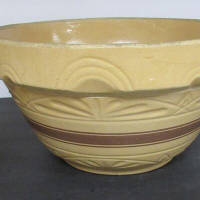 Huge 14" Brown Banded Yellow Ware Dough Bowl, With Fancy Pattern