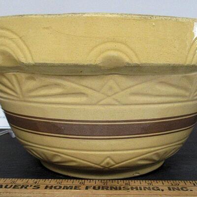 Huge 14" Brown Banded Yellow Ware Dough Bowl, With Fancy Pattern