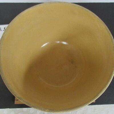 Huge 14" Brown Banded Yellow Ware Dough Bowl, With Fancy Pattern