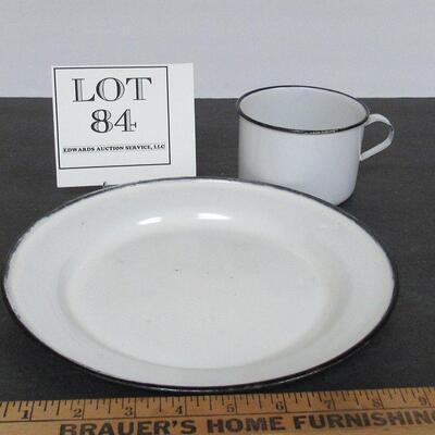 Antique White Enamelware Mug and Plate, Black Trim