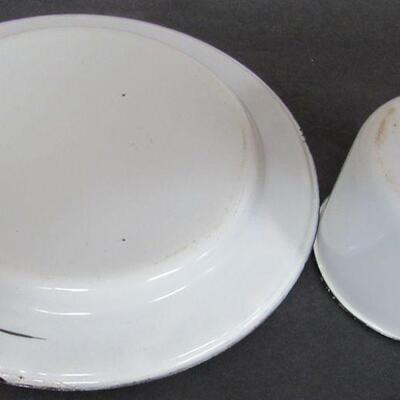 Antique White Enamelware Mug and Plate, Black Trim