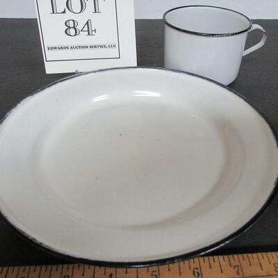 Antique White Enamelware Mug and Plate, Black Trim