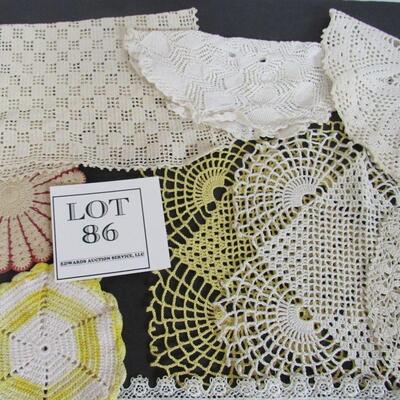 Lot of Vintage Handiwork, Doilies, Pot Holders, Fabric Hanger, Butterfly Runner