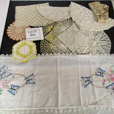 Lot of Vintage Handiwork, Doilies, Pot Holders, Fabric Hanger, Butterfly Runner