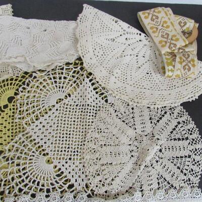 Lot of Vintage Handiwork, Doilies, Pot Holders, Fabric Hanger, Butterfly Runner