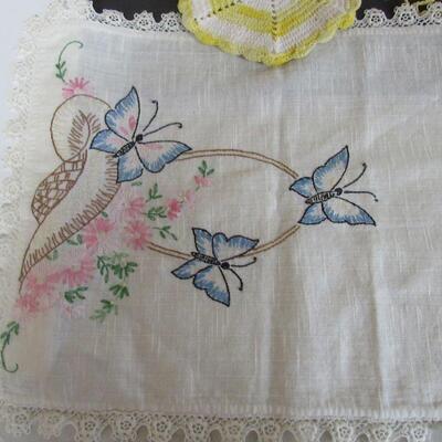 Lot of Vintage Handiwork, Doilies, Pot Holders, Fabric Hanger, Butterfly Runner