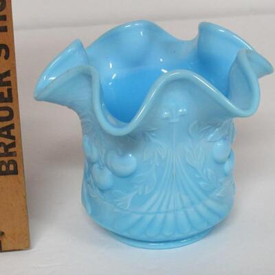 Blue Slag Milk Glass Wreathed Cherry Ruffled Vase