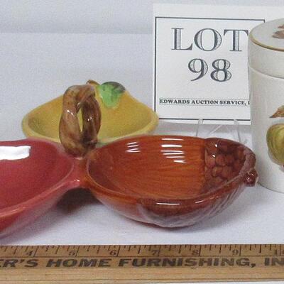 2 Vintage Fall Themed Dishes, 3 Part Relish or Candy Dish, Covered Box Crown Devon