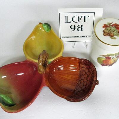 2 Vintage Fall Themed Dishes, 3 Part Relish or Candy Dish, Covered Box Crown Devon