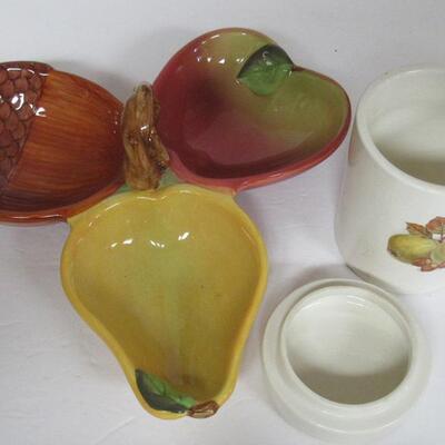 2 Vintage Fall Themed Dishes, 3 Part Relish or Candy Dish, Covered Box Crown Devon