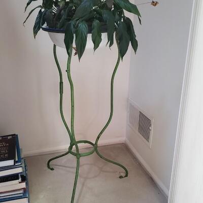 Vintage green metal plant stand with enamel basin