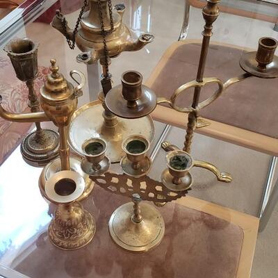 Unusual brass collection Candlesticks, bell & More