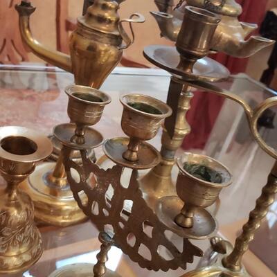 Unusual brass collection Candlesticks, bell & More