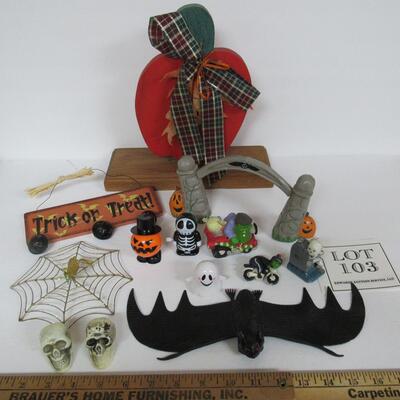 Lot of Misc Halloween Stuff, Spider Web Ornament, Rubber Bat, Plastic Skulls, More
