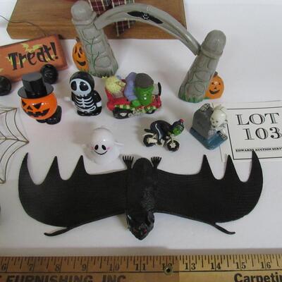 Lot of Misc Halloween Stuff, Spider Web Ornament, Rubber Bat, Plastic Skulls, More