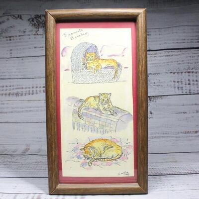Vintage Framed Artwork of a Cat with Artist Signature 