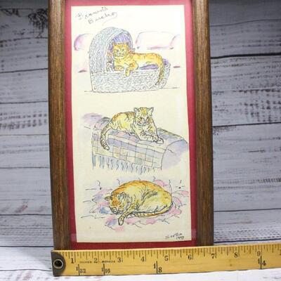 Vintage Framed Artwork of a Cat with Artist Signature 