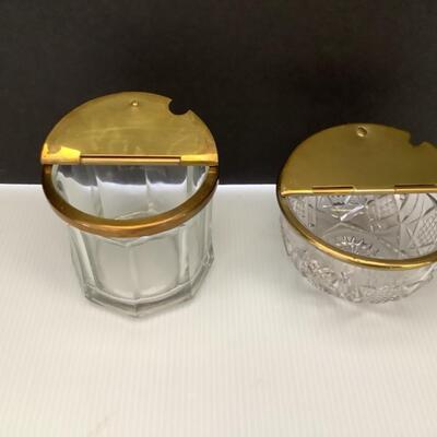 A - 226 Pair of Vintage  Brass Flip Top Glass Sugar Bowls
