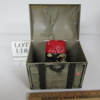 HTF Halloween Battery Op Treasure Chest With Skull and Plastic Coins, Sings Bottle of Rum, Eyes Move, Read Description