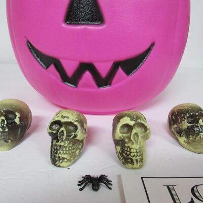 Pink Blow Mold Halloween Bucket, 4 Hard Plastic Skulls, Tiny Spider