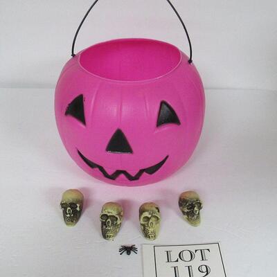Pink Blow Mold Halloween Bucket, 4 Hard Plastic Skulls, Tiny Spider