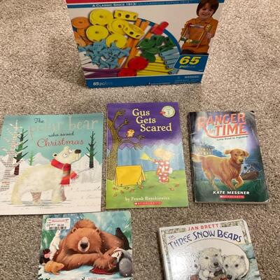 5 kids books and tinker toy box 