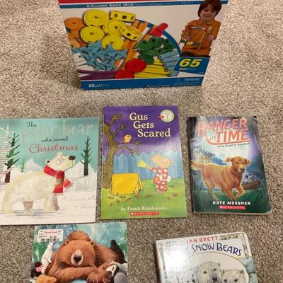 5 kids books and tinker toy box 