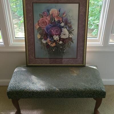 Lot 473: Vintage Vanity Bench & Framed Signed Watercolor Print
