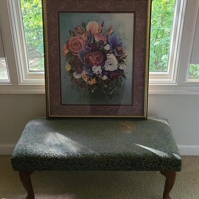 Lot 473: Vintage Vanity Bench & Framed Signed Watercolor Print