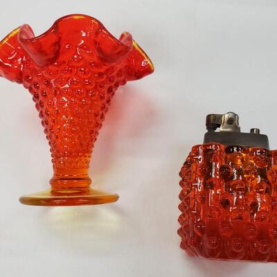 Fenton Amberina Ruffled Vase and Red/Orange Cigarette Lighter 