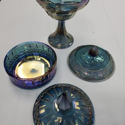 Blue Carnival Glass Compote and Candy Dish 