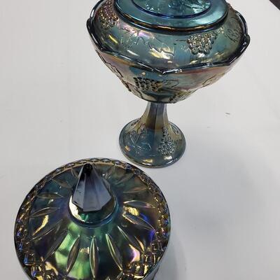 Blue Carnival Glass Compote and Candy Dish 