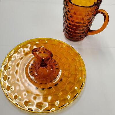 Amber Block Pattern Pitcher and Center Handle Tray 