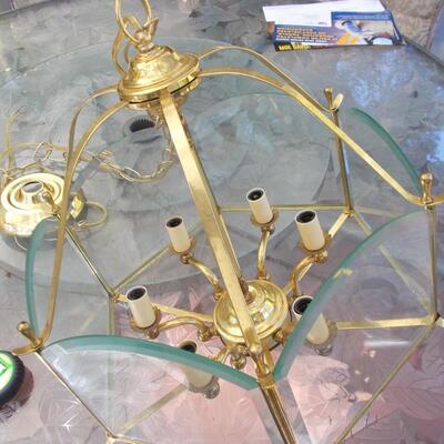 Brass and Glass Chandelier and Ceiling Light