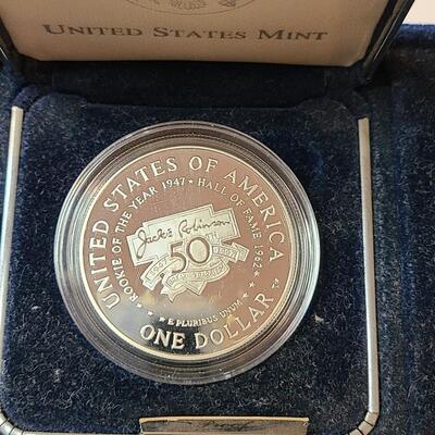 Lot 20: Jackie Robinson Commemorative Proof Silver One Dollar Coin 
