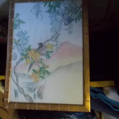 Framed Antique Oriental Painting on Cloth