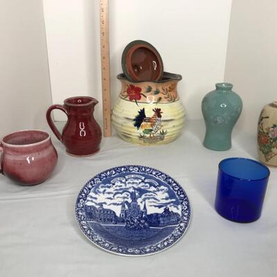 Assorted pottery, porcelain and Blue Glass Cup