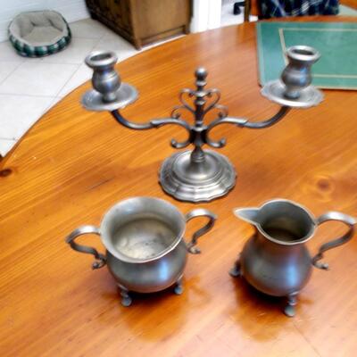Antique Pewter:  Candelabra and sugar and creamer