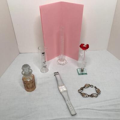Jewelry, beakers, vase, perfume bottle, skagen watch