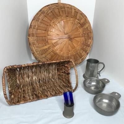 Baskets, pewter porridge bowls, toothpick holder and mug