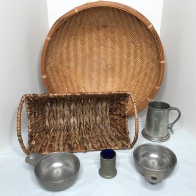 Baskets, pewter porridge bowls, toothpick holder and mug